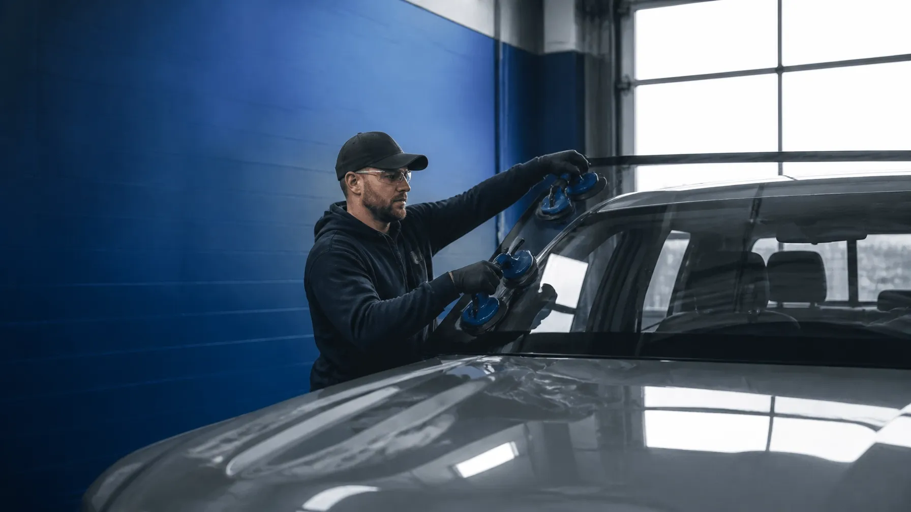 Auto-glass installer setting a replacement windshield into a silver crossover in a service bay
