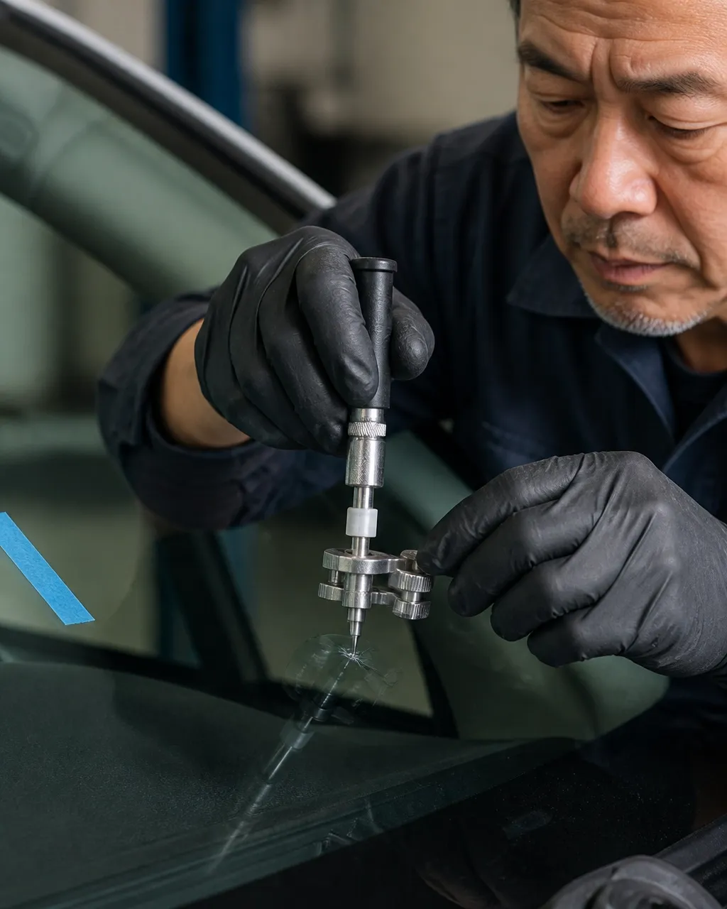 Springfield auto glass service Auto glass technician working beside a vehicle in a Springfield service setting